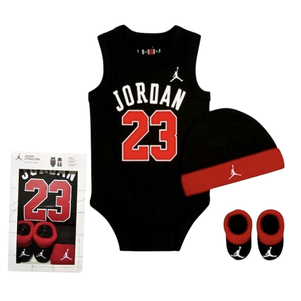 Baby Jordan 6-12 Month Boy Bodysuit, Hat and Booties Onesie Shoe Gift Box